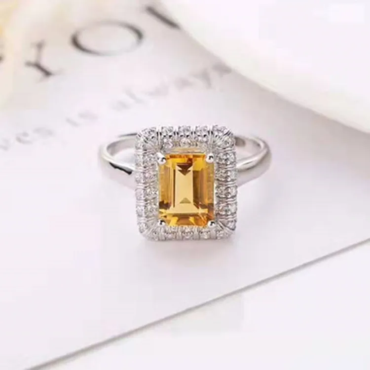 

New Style Multicolored Jewelry 925 Silver Set with 6x8mm Natural Yellow Crystal Adjustable Adjustable Ring