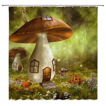 

Fantasy Forest Shower Curtain Fairy House Mushroom Cottage Green Trees Meadow Colorful Flowers Decor Fabric Bathroom Curtains,
