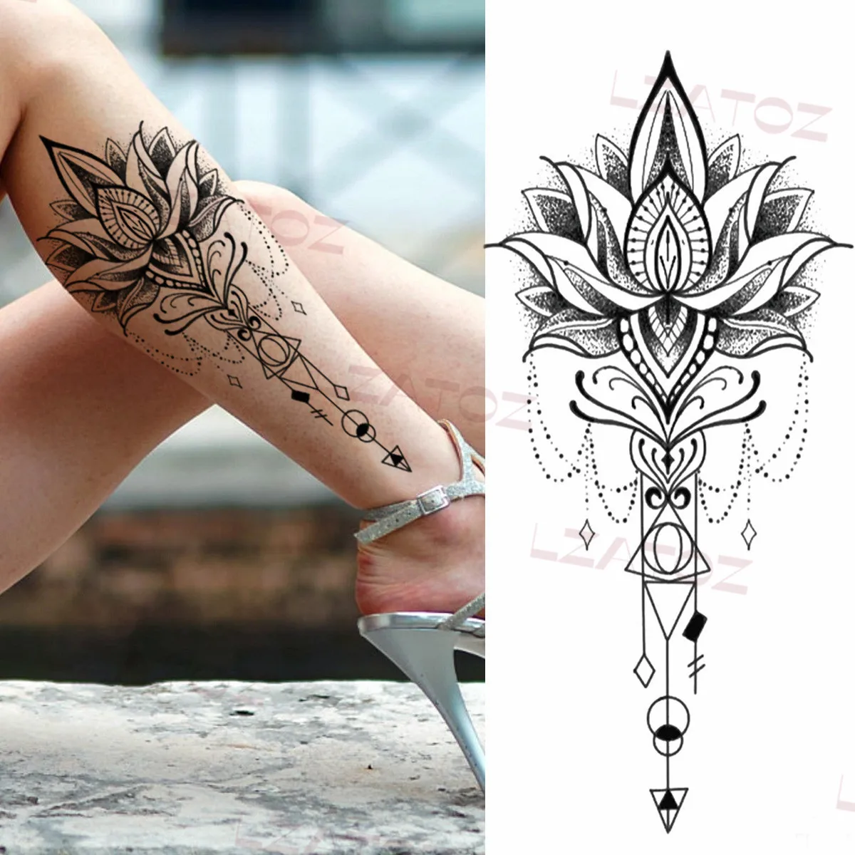 Tatouage Mollet Femme Fleur De Lotus Faux Tatouages Temporaires Pour Femmes Adultes, Pivoine, Mandala, Fleur,  Henné, Serpent, Réaliste, Avant-bras, Mollet, Peinture D'art Corporel -  Temporaire Tatouages - AliExpress