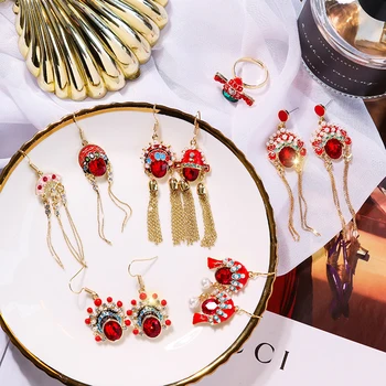 

2019 Chinese Style Peking Opera Earring Pendant Enamel Glaze Spar Rhinestone Tassel Asymmetry Long Drop Earrings for Women Girls
