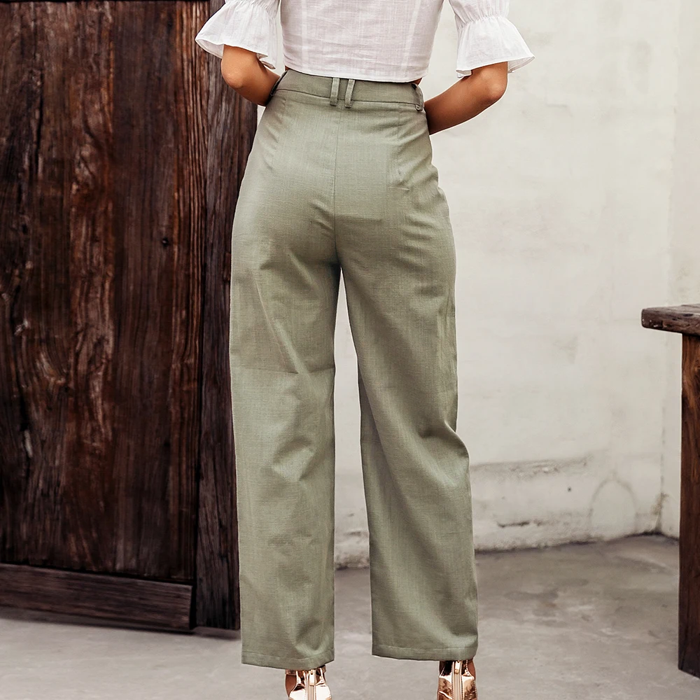 Conmoto high waist casual pants women summer spring solid green trousers high waist green ruffles vintage pants