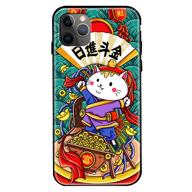 Чехол из закаленного стекла для iPhone 11, чехол, китайский талисман, Жесткий ПК, безрамный 3D рельефный чехол для iPhone X XR XS 11 Pro Max - Цвет: Lucky Cat
