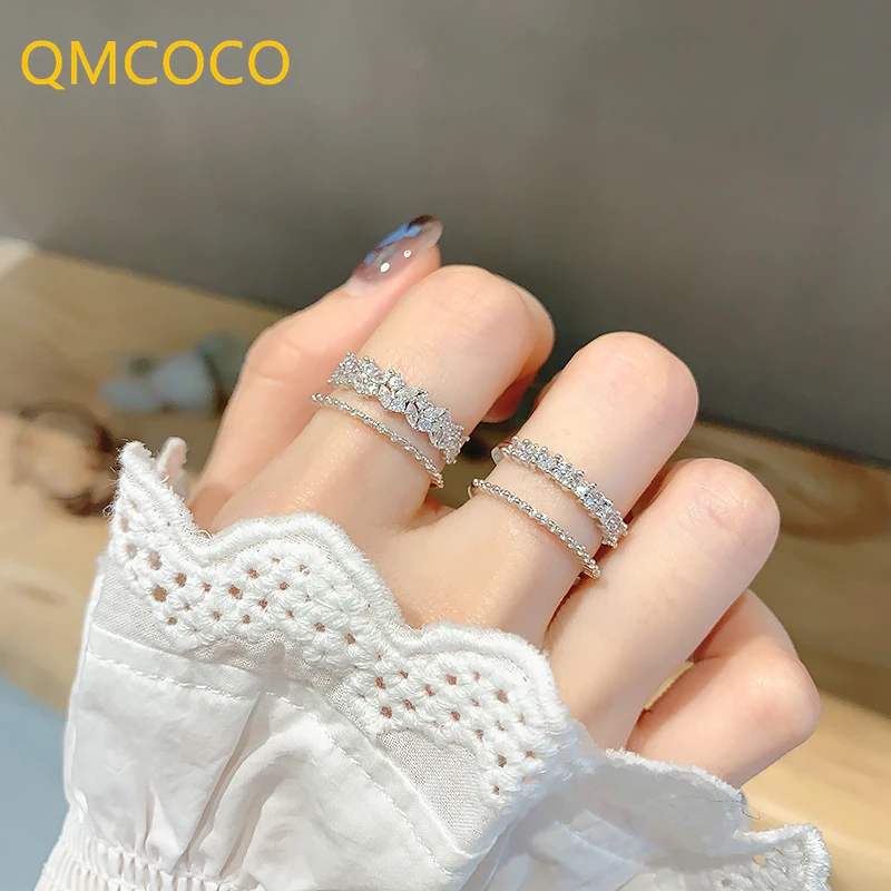 QMCOCO 925 Silver Classic Elegance Zircon Double-Deck Ring Design Open Adjustable Korea Style Woman Party Jewelry Gift | Украшения и