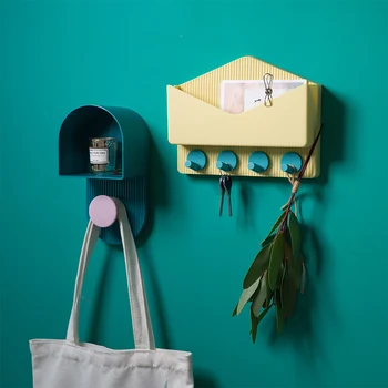 

Nordic Wall Mount Storage Holders with Hanging Hooks Racks Phone Tablet Stand Wall Decor Shelves Key Hanger Storage Shelves