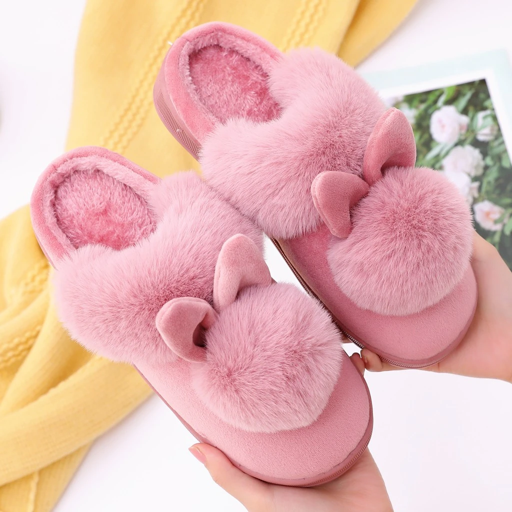 SAGACE Women House Slippers Plush Winter Warm Shoes Home Furry Rabbit Ears Indoor Slippers Soft Comfort Footwear Shoe 1128
