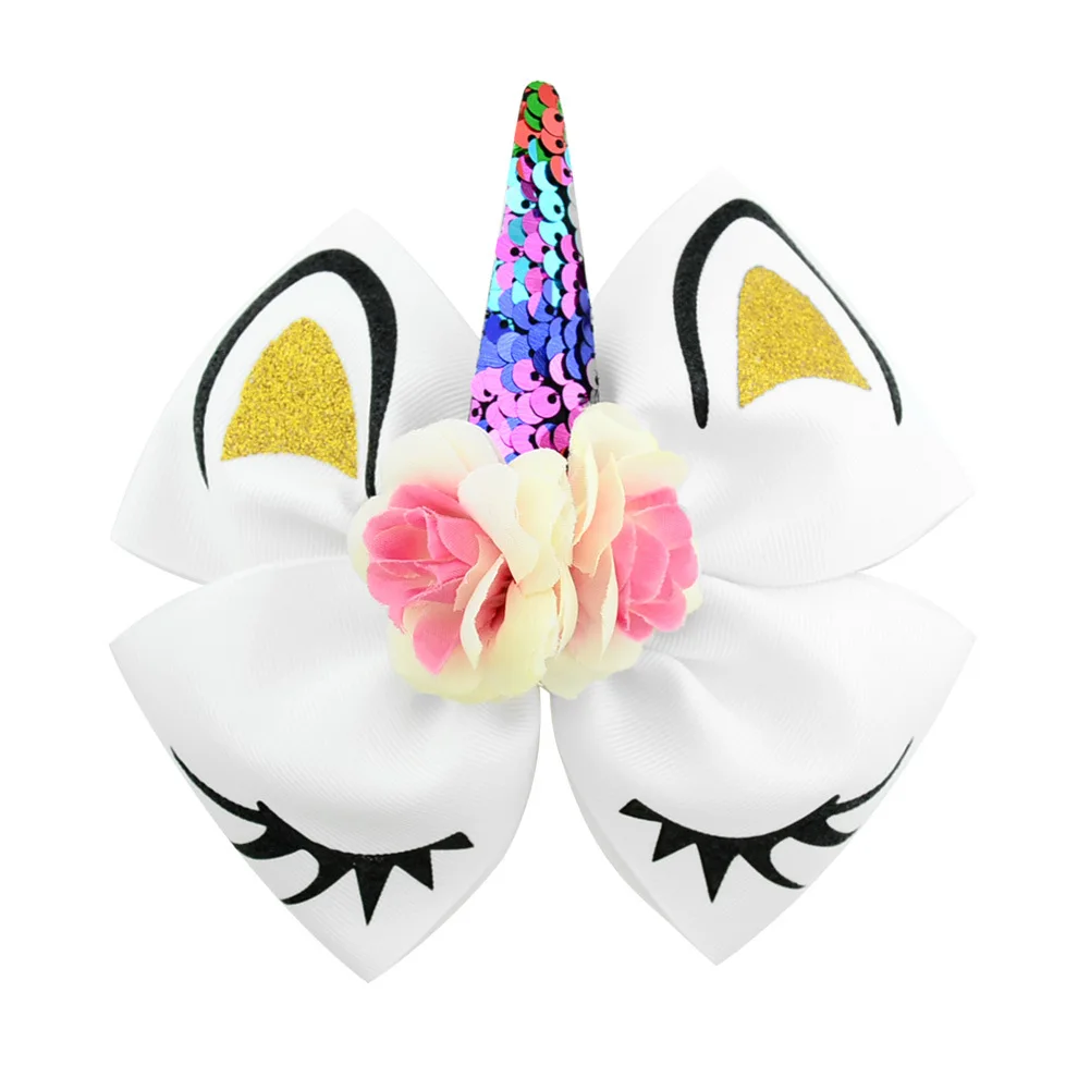 KY03 Glitter Hair Grip With Unicorn Horn for Little Girls Sequin Hair Bowknot School Kids Party Hairgrips Baby Hair Accessorie
