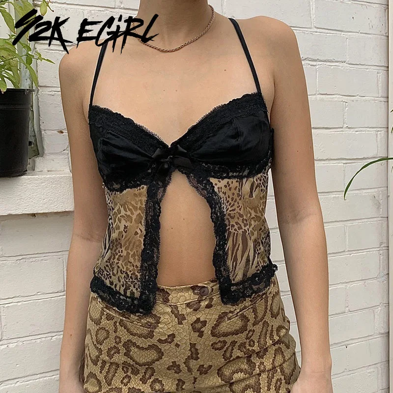 

Y2K EGIRL Aesthetics Patchwork Leopard Lace Trim Cami Tops Vintage V-neck Spaghetti Strap Slit Mesh Cropped Top Festival Outfits