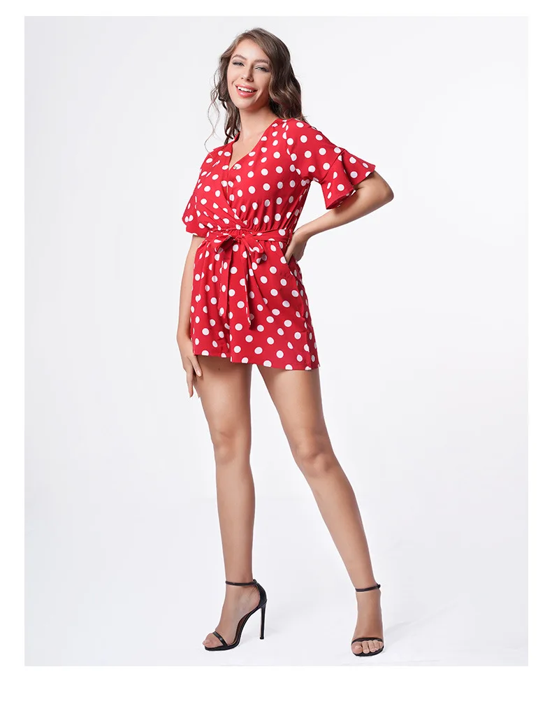 Женский Летний комбинезон с коротким рукавом в горошек Vestido, женский комбинезон в богемном стиле, праздничный комбинезон