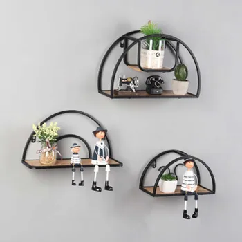 

Nordic Iron Wood Semicircle Wall Decorative Shelf Wall Hanging Geometric Floating Shelves Potted Plant Holder Rack Home Decor