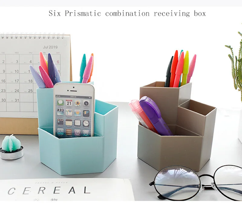 Creative 3 Grid Hexagonal Shape Pen Holder Office School Desktop Storage Case Makeup Brush Box Desk Pen Pencil Organizer