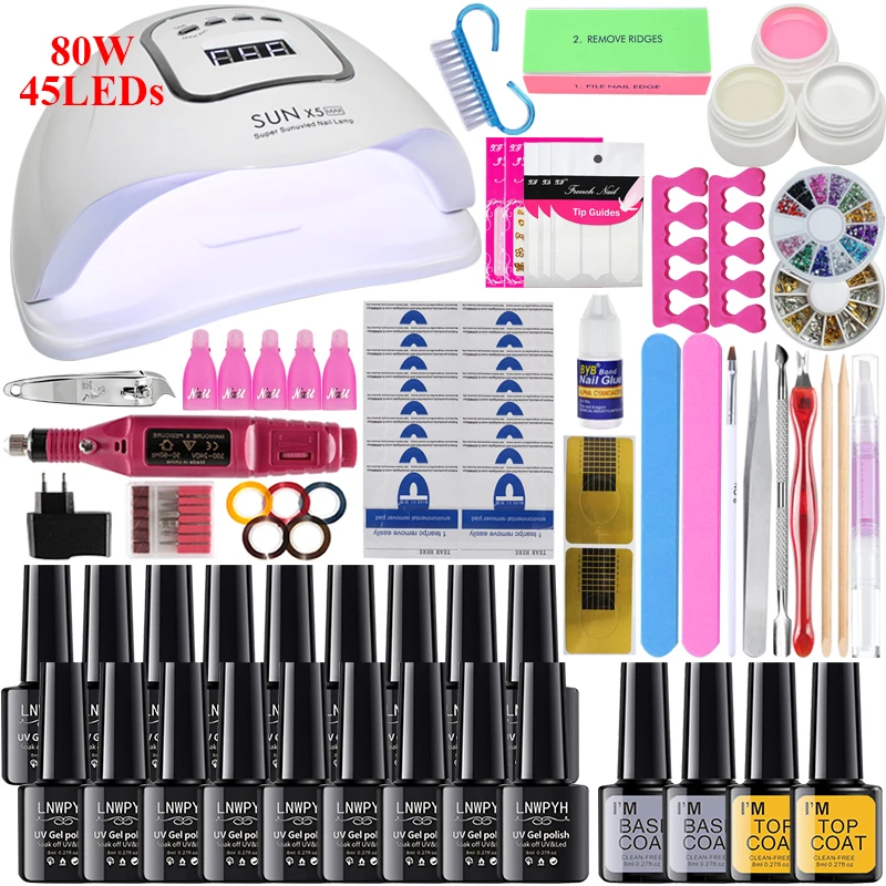 Маникюрный набор Био-Гели Soak Off Гель-лак для ногтей Наборы 80 Вт ультрафиолетовая Светодиодная лампа 18/10/6 видов цветов Электрический Фрезер для ногтей, сверлильный для ручки инструменты для дизайна ногтей