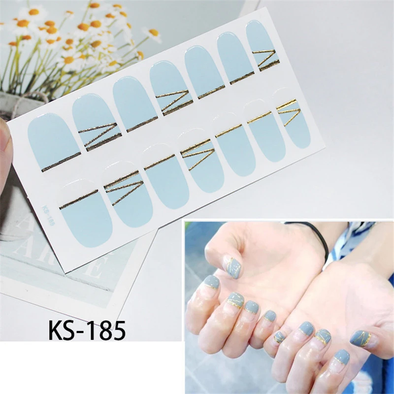 KS185 Lamemoria 14 типсов KS129 красочные блестящие наклейки для дизайна ногтей полное покрытие обертывания фольги для ногтей DIY клейкие наклейки Pegatinas маникюр Советы - Цвет: KS185