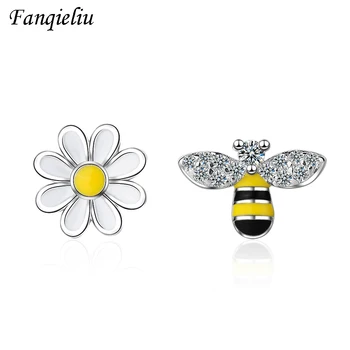 

Fanqieliu Asymmetric Cute Flower Bee Crystal Earring Studs Girl Push-back 925 Sterling Silver Stud Earrings For Women FQL20352