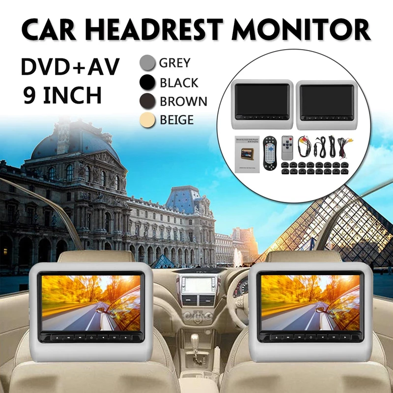 

Car Headrest Display 9 Inch Dvd + Remote Control Av Player with Car Pillow Line Kit Universal Lcd Display