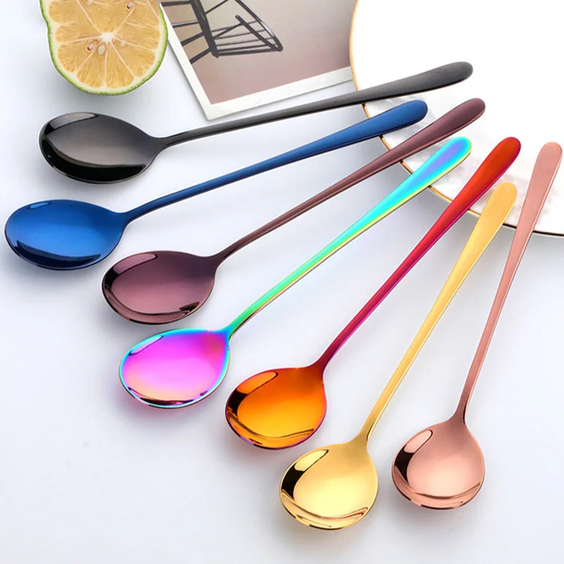 

2019 New Stainless Steel Long Handle Ice Spoon 9 Color Rainbow Tableware Stirring Spoon Tools Honey Coffee Ice Cream Tea Spoons