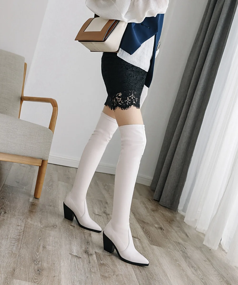 Женские сапоги зимние сапоги выше колена модные высокие сапоги из эластичной ткани женские черные сапоги с острым носком на высоком толстом каблуке 39
