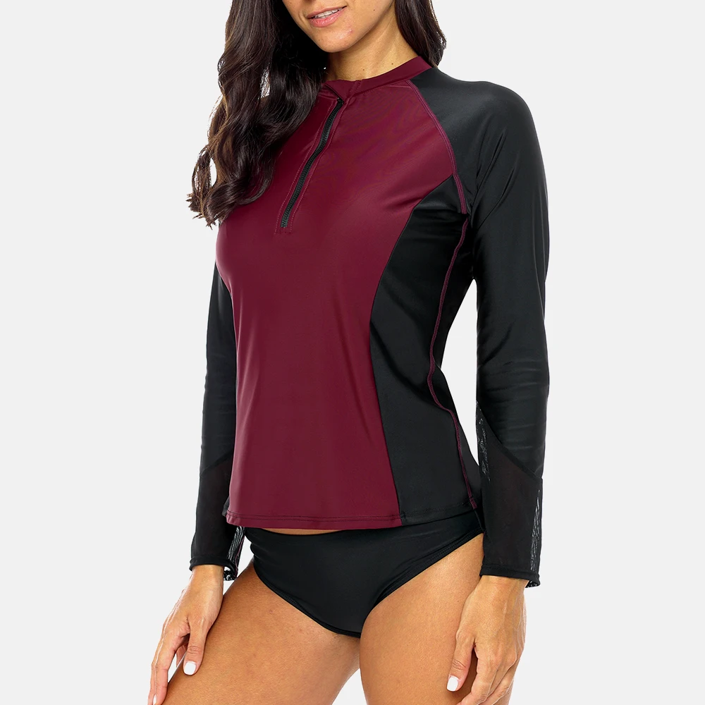 Women Long Sleeve Front Zipper Rashguard Shirt Swimsuit Patchwork Swimwear Surfing Top Hiking Shirt Rash Guard UPF50+