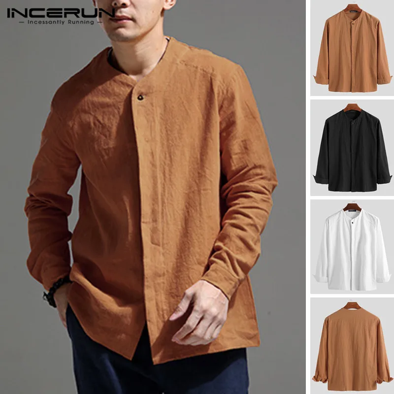 

INCERUN 2020 Vintage Men Shirt Long Sleeve Retro Cotton Linen Button Casual Blouse V Neck Solid Chinese Style Shirts Men Camisa