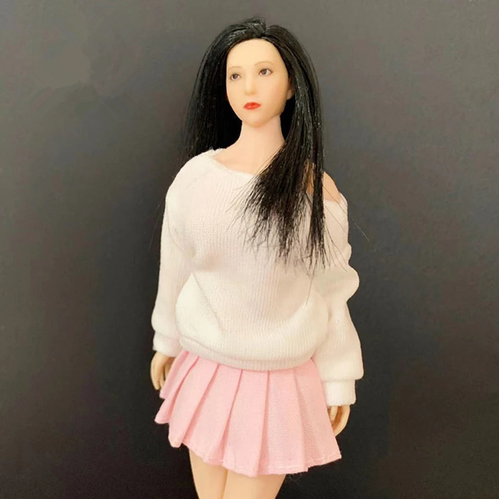 1/12 Scale Women T-shirt & Pink Pleated Skirt Long Sleeve Mini Skirt for BJD Action Figure Clothing Body Outfit Toy Accessory