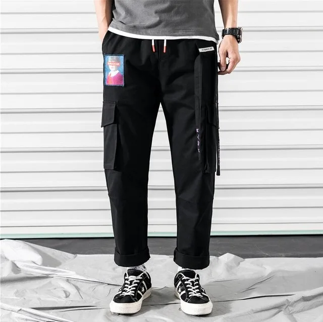 2020 New Hip-Hop Jogger Men's Black Harem Overalls Multi-Pocket Ribbon Men's Sports Pants Streetwear Casual Men's Casual Pants