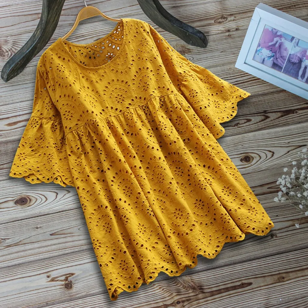 Mooie Plus Size Womens O-hals Blouses Zomer Streetwear Jurk Flare Mouwen Hollow Out Casual Dress Mooie Plus Size Womens O-hals Blouses Zomer Streetwear Jurk Flare Mouwen Hollow Out Casual Dress