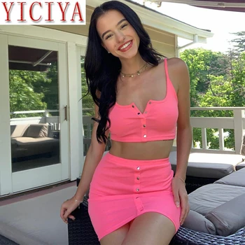 

2020 co-ord set summer ribbed strap women 2 piece set crop top mini skirt button bodycon sexy party clothes outfit matching