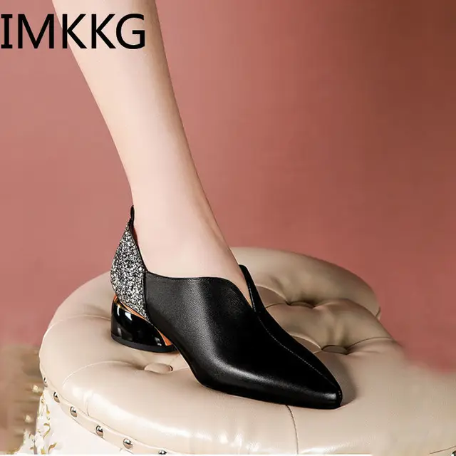 Spring Shoes Woman Mid Heels 2020 Women Pumps Pointed toe Office Lady Work Shoe Thick Heel bling Soft PU leather shoes 1