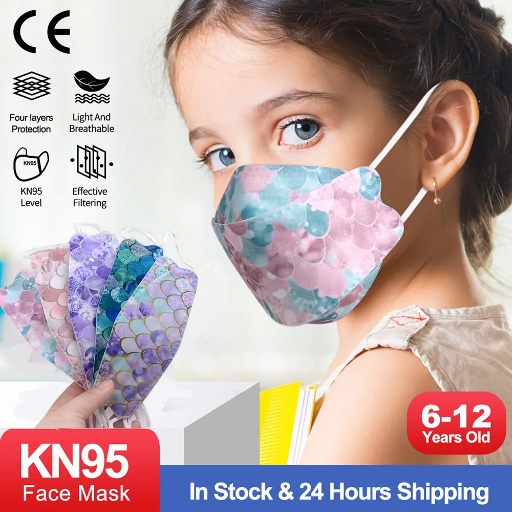 Mascarillas FFP2 de 4 capas para Niños, cubrebocas infantiles FFP2 reutilizables FFP2 con estampado de escamas de pescado, FPP2