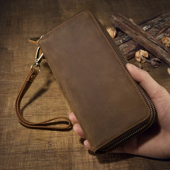 

New Retro Men Clutch Wallets Crazy Horse Leather Solid Double Zipper Multi-card Position Long Wallet Card Holder