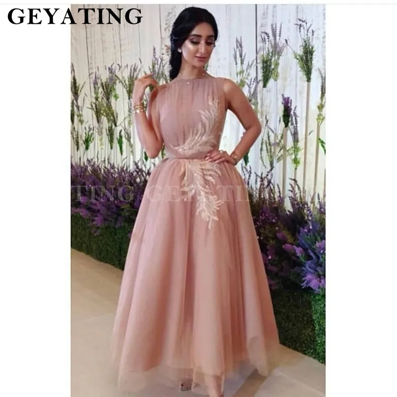 

Arabic Blush Pink Short Evening Dress 2019 Dubai Vintage Lace Appliques Tea Length High Neck Evening Dresses Women Formal Gown