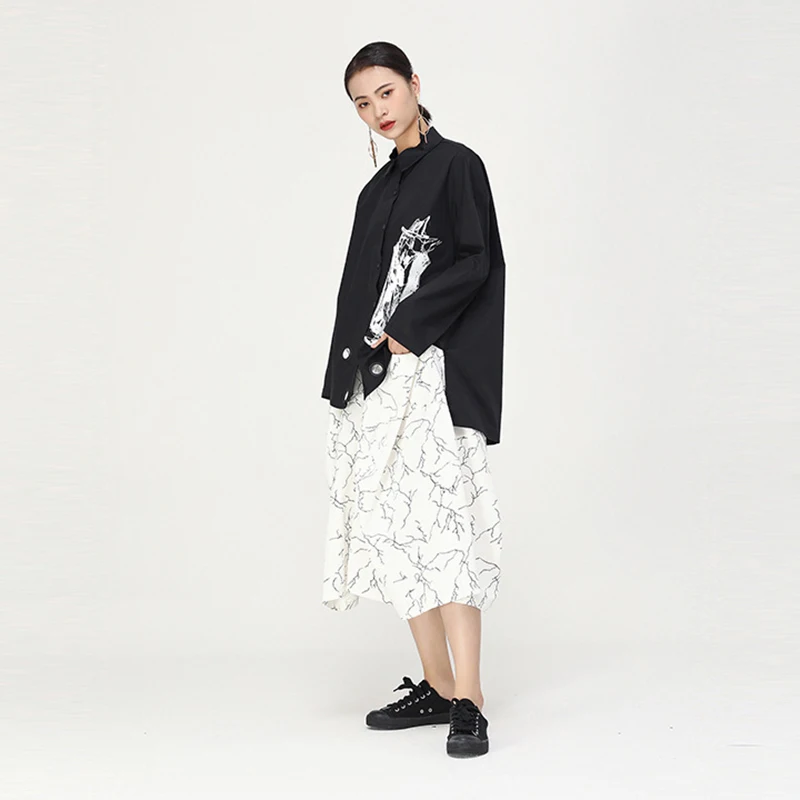 [EAM] Женская Черно-белая разноцветная блузка с принтом, новая свободная рубашка с отворотом и длинным рукавом, модная весенняя Осенняя 1D016