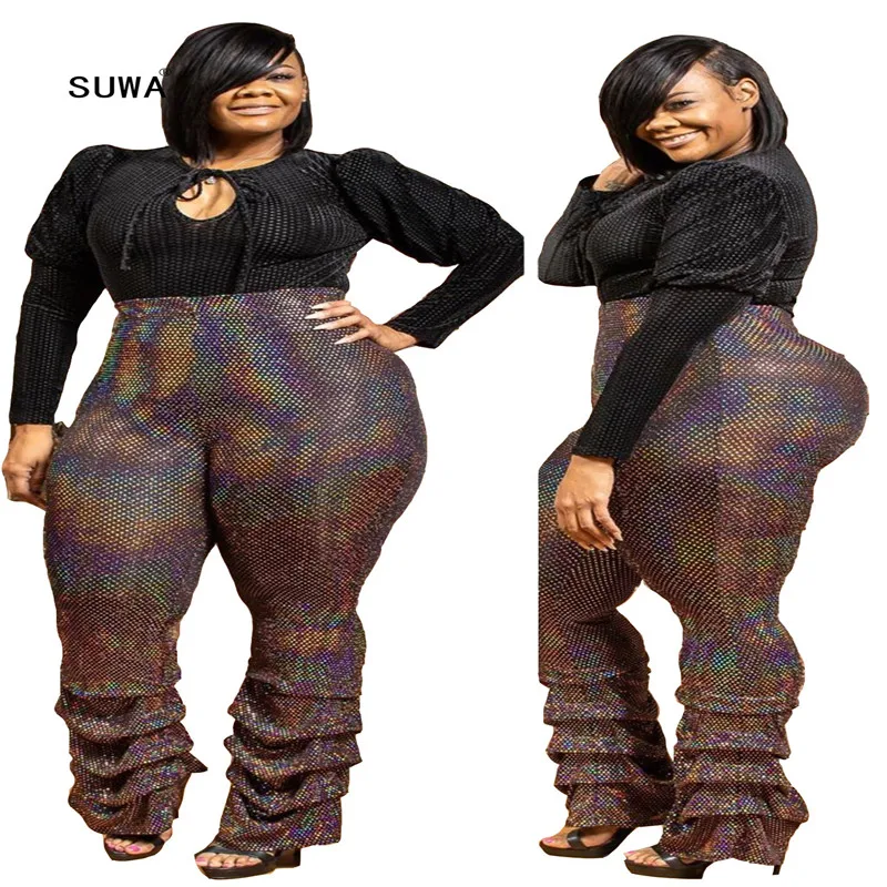

PLUS SIZE Solid Color Sequined Patchwork Pleated Pants Fashion Retro Classic Street Women Empire Waist Bottom Trousers