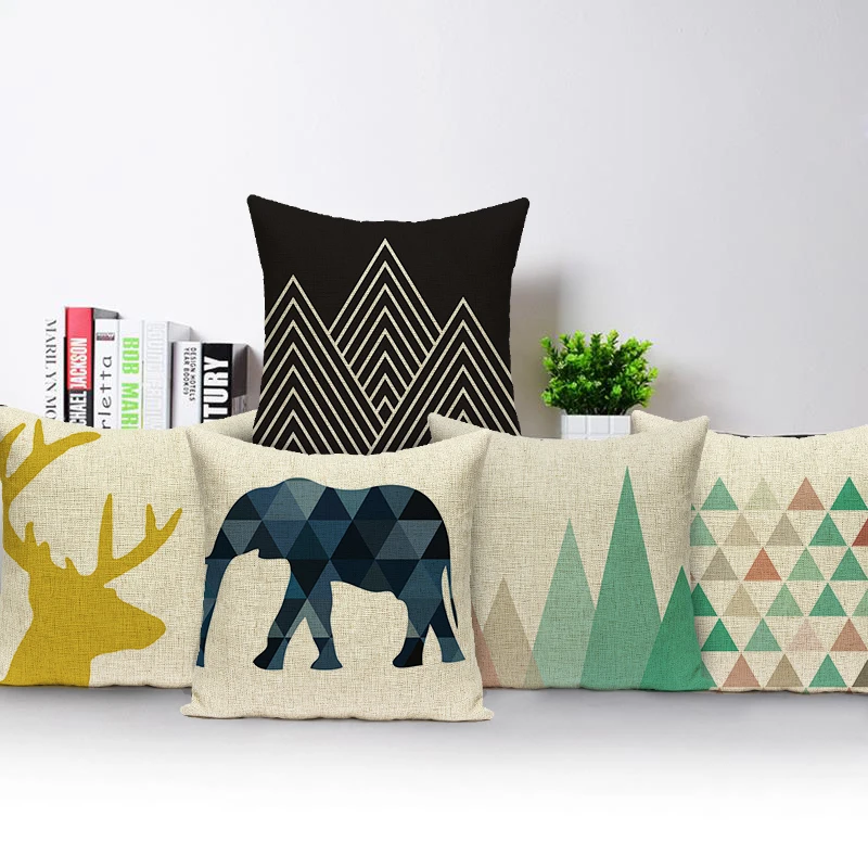 

Animal Geometric Deer Elephant Pillow Covers Polyester Cushion Cover Home Decorative Car Sofa Geometric Mountain Pillow Case
