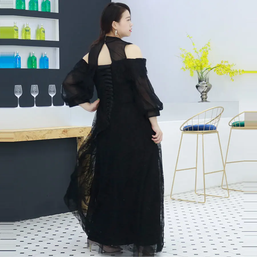 Это Yiiya торжественное платье черное в пол платье De Soiree DX034 размера плюс Кружева три четверти рукав платье женские Вечерние