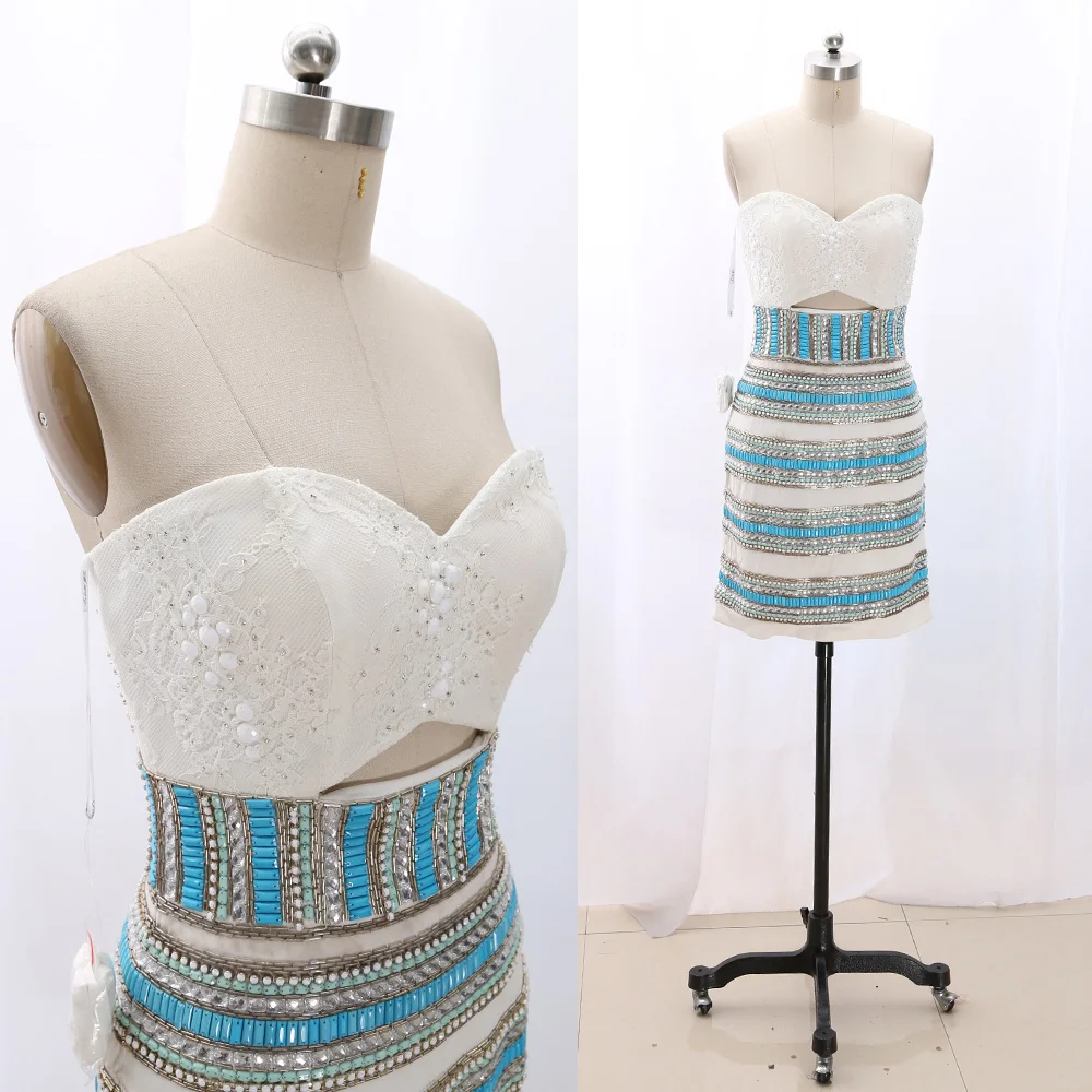 

MACloth White Sheath Strapless Knee-Length Short Crystal Lace Prom Dresses Dress S 268036 Clearance