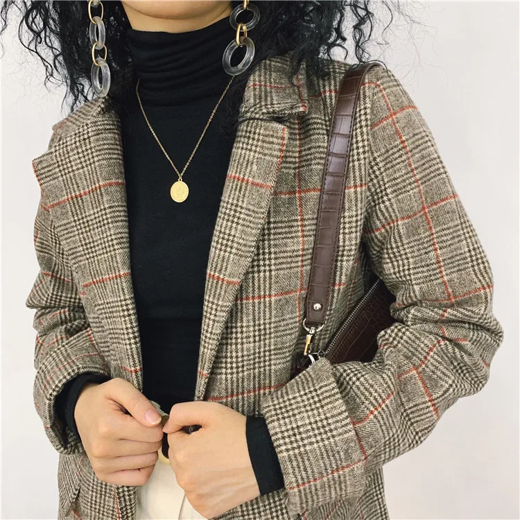 Vintage Check Woman Suit Jacket Long Sleeve Fashion Loose Autumn Winter Thicking Woolen Coat