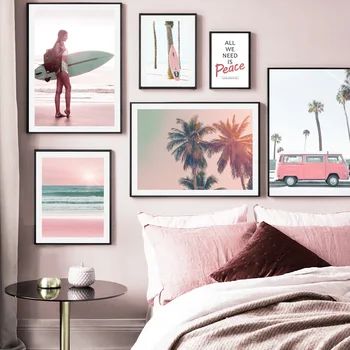 

Pink Beach Palm Tree Car Girl Surfboard Wall Art Canvas Painting Nordic Posters And Prints Wall Pictures For Living Room Decor