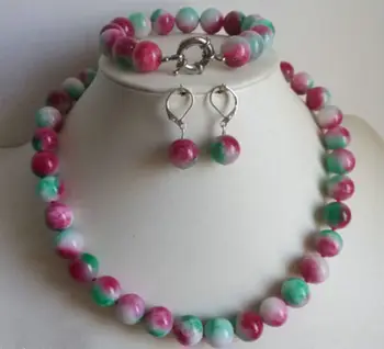 

10mm Colorful Jade Round Beads Necklace Bracelet Earrings Set AAA 18K GP gold plated watch Quartz stone crystal FREE SHIPPING