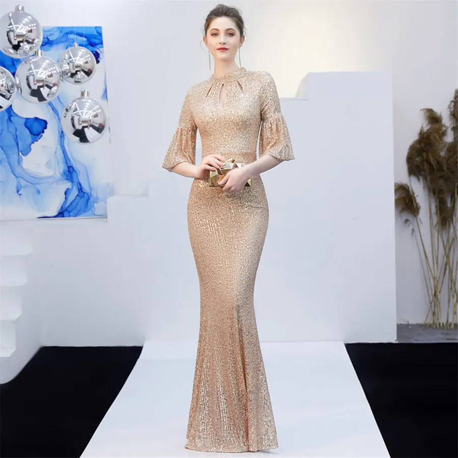 Champagne Gold Длинные вечерние платья размера плюс Robe De Soiree DX266-2 цвета шампанского золота с круглым вырезом женское вечернее платье с блестками элегантное платье русалки - Цвет: Champagne Gold