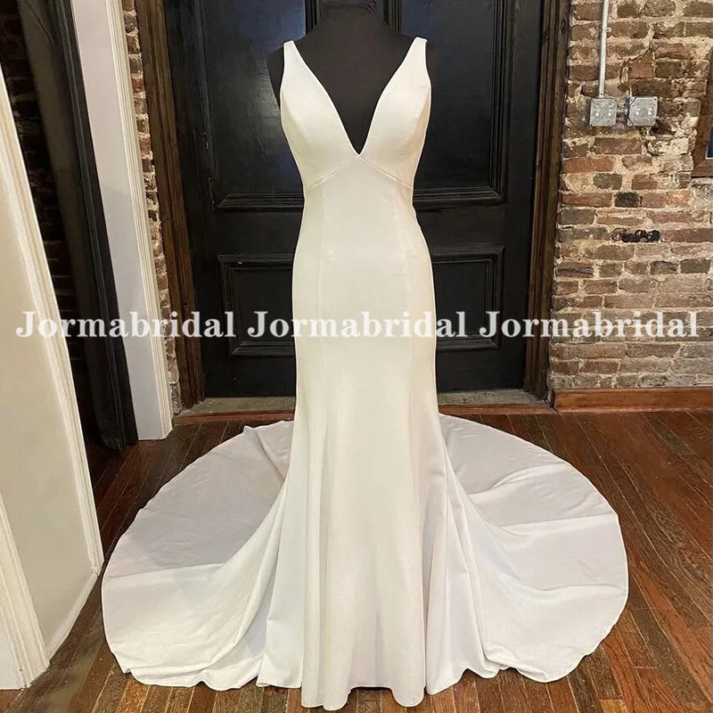 

Plunging Mermaid Wedding Dresses White Ivory V-neck Stretch Satin Bridal Gowns Open Back Long Train Custom Made Wedding Gowns