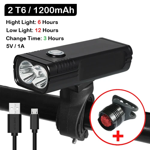 2 T6 1200 Taillight NEWBOLER 2000Lums велосипедный светильник L2/T6 USB Перезаряжаемый 5200mAh велосипедный светильник водонепроницаемый светодиодный головной светильник внешний аккумулятор Аксессуары для велосипеда - Цвет: 2 T6 1200 Taillight