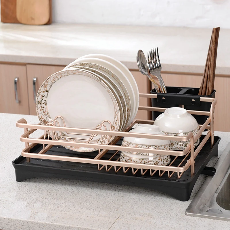 

Aluminium Alloy Dish Rack Kitchen Organizer Storage Drainer Drying Plate Shelf Sink Knife and Fork Container Rose Gold