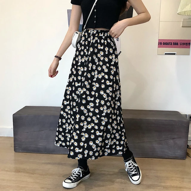 US $7.85 Vintage Floral Print Ruffle Pleated Long Skirts summer Women Korean Skirt Streetwear Drawstring Ela