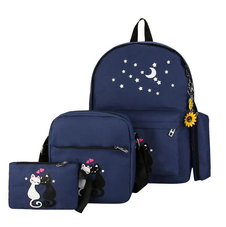 Yogodlns 4 шт./компл. холщовый женский рюкзак школьный с принтом милого кота школьная сумка-рюкзак для девочек-подростков Sac a Dos Mochila - Цвет: Dark blue