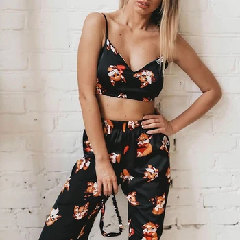 

2020 Spaghetti Strap Fox Pajamas Print Summer Two Piece Set Top And Pants Sleepwear Satin Women V Neck Sexy Nightwear Pattern