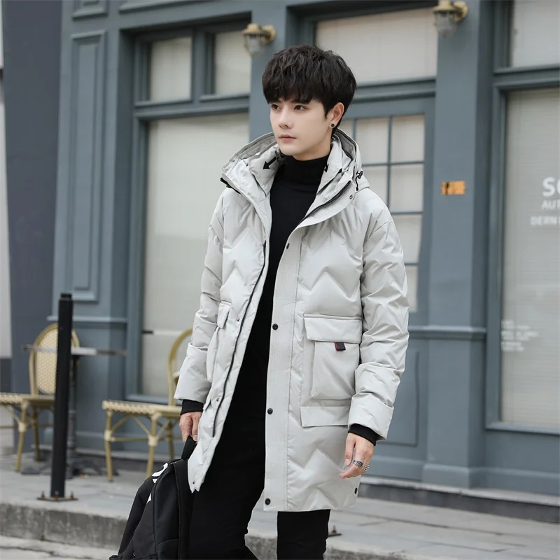 New 2023 Winter Mid-Length Hooded Warm Duck Down Jacket For Men's Thick Parkas Streetwear Solid Long Puffer Coat Top Windbreaker