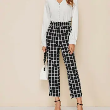 

Vintage Plaid Patchwork Pants Harajuku Woman Trousers Elastics High Waist Pants Korean Causal Wide Leg Pants
