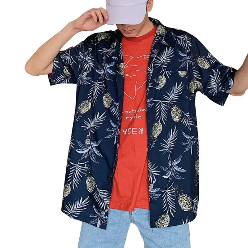 Men Fashion Summer Shirts Leaves Flower Pineapple Print Loose Short Sleeve Shirt Male Hawaiian Style Beach Shirt x