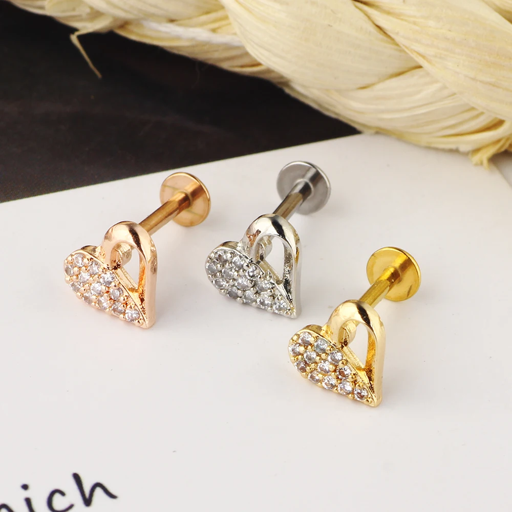 JUNLOWPY Zircon Lip Labret Stud Lip Ring Cartilage Piercing Earrings Tragus Daith Ear Stud Body Piercing Jewelry Heart