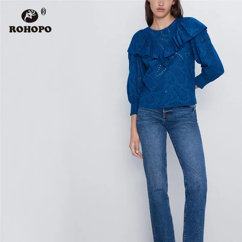 

ROHOPO Butterfly Shoulder Smocking Cuff Long Sleeve Blue Cotton Blouse Round Collar Paramecium Embroidery Solid Toop Blusa #9367